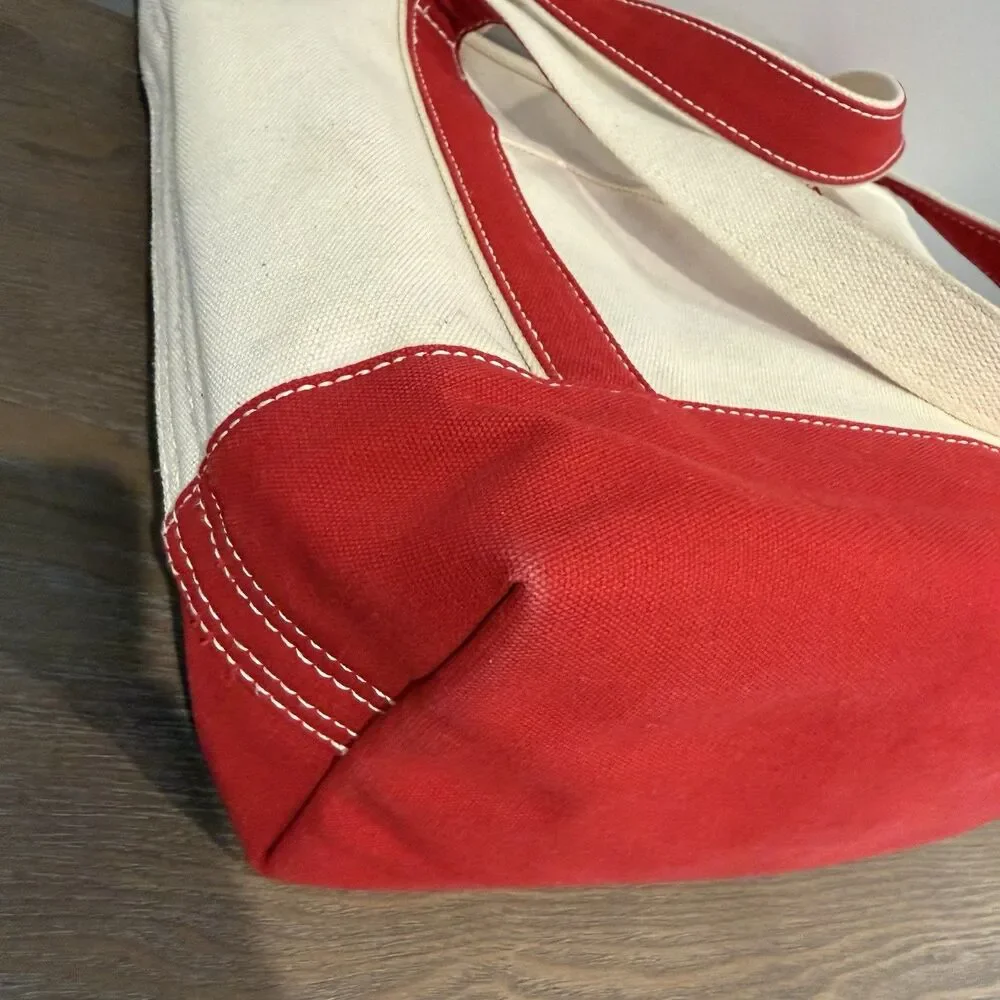 Lands End Open Top Canvas Tote Bag M Shoulder Red Natural Cotton Preppy Sturdy - Picture 11 of 16